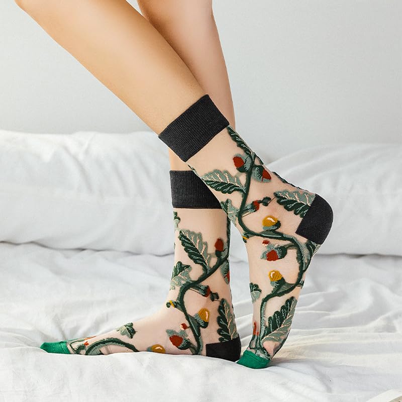Image of 6 Pairs Women Floral Sheer Socks Elastic See Through Mesh Lace Jacquard Transparent Socks, 5-7.5
