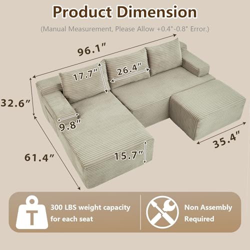Image of 96 inch U-Shape Cloud Couch, Modern Modular Sectional L-Shape Sofa with Ottoman, Corduroy Upholstered Couches Deep Seat Sleeper Chaise Longue for Living Room, No Assembly Required(Camel, Left Facing)