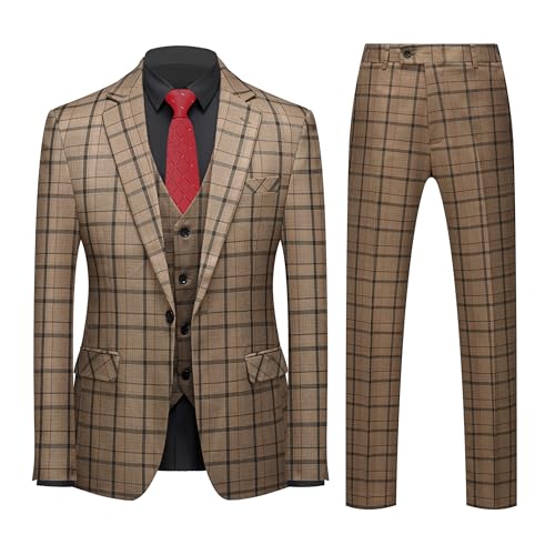 Mens 3-Piece Slim Fit Plaid Suit - Blazer, Vest, and Pants Set for Wedding, Prom, and Business US Size XL Brown