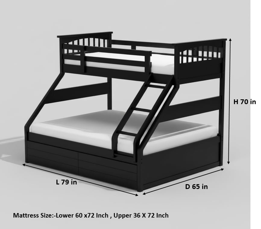 Image of APRODZ Haven Queen Size Solid Wood Bunk Bed with 2 Drawer Storage | Wooden Twin Over Bed with Ladder for Kids' Room Bedroom Living Room Home (Black Finish)
