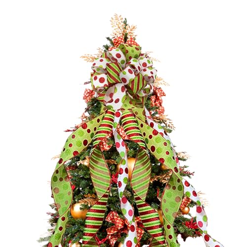 Large Christmas Tree Bow Topper 51 x 13 Inch Red Green White Polka Dot Gift Bow with Sparkling Glitter Streamers for Xmas Trees Party Festival Decor