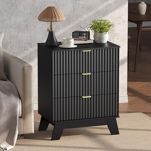 Image of Wodeer Night Stand Set 2, Bedside Table & End Table, Mid Century Modern Fluted Wood Nightstand with 3 Drawers & Metal Handles, Farmhouse Nightstand for Bedroom, Black