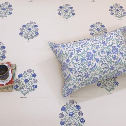 Image of TOAI Hand Block Printed Bedsheet | Bed Spread Flatsheet Bed Sheet | Pure Cotton | King Size 108 inchx108 inch | 300 TC Long Staple Cotton | 2 Reversible Pillow Covers |Mughal Motif on Beige