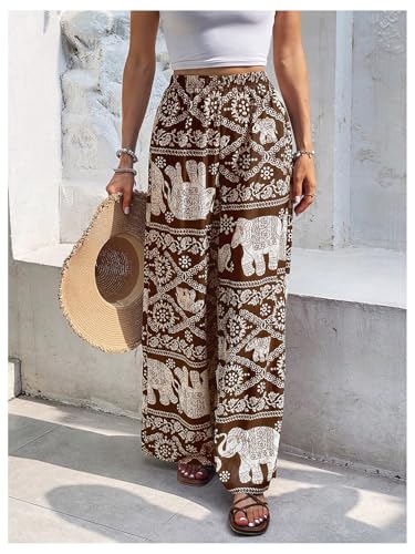 Women's Wide Leg Boho Vacation Pants Elastic High Waisted Animal Print Long Trousers4