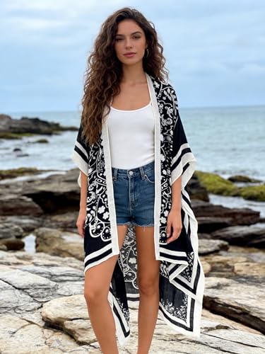 Image of Breezy Lane Women's Kimono Cardigan Summer Swimsuit Coverups Beach Cover Up with Floral Print for Vacation