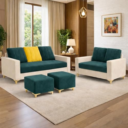 Image of Heaven Dual Tone Plush Velvet 3 Seater + 2 Seater Sofa Set with 2 Ottoman | Silken Velvet Suede Upholstery | Designer Sofa for Living Room & Office Spaces (Green Teal & Cream)