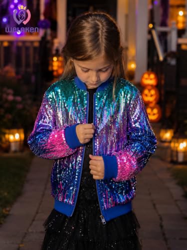Image of WELAKEN Unicorn Sequin Jacket for Girls Kids Toddler Sparkle Zipper Bomber Jacket with Pockets
