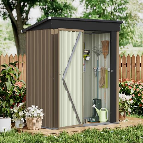 Image of GUNJI 5 x 3 FT Shed Outdoor Storage Shed Metal Garden Shed with Lockable Door Outside Waterproof Tool Shed for Backyard, Patio, Lawn (Brown)
