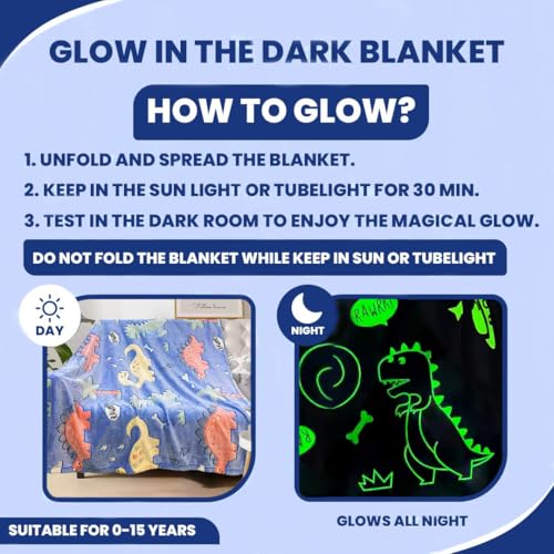 Image of TONY STARK ULTRAAGLOW Glow in The Dark Blanket for Kids (0-15 Years, 200x152 Cm) Soft Flannel Fleece Throw, Cozy & Warm All-Season Radium Blanket, for Boys & Girls (Prehistoric Snooze)