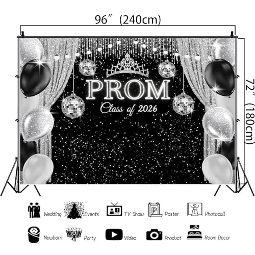 Black and Silver Prom Backdrop 2026 8×6Ft Black Silver Glitter Prom Backdrops for Photoshoot Neon Light Ball Send Off Graduation Banner for Class Off 2026 Party Decorations 96×72inch by Retyshia - Image 7