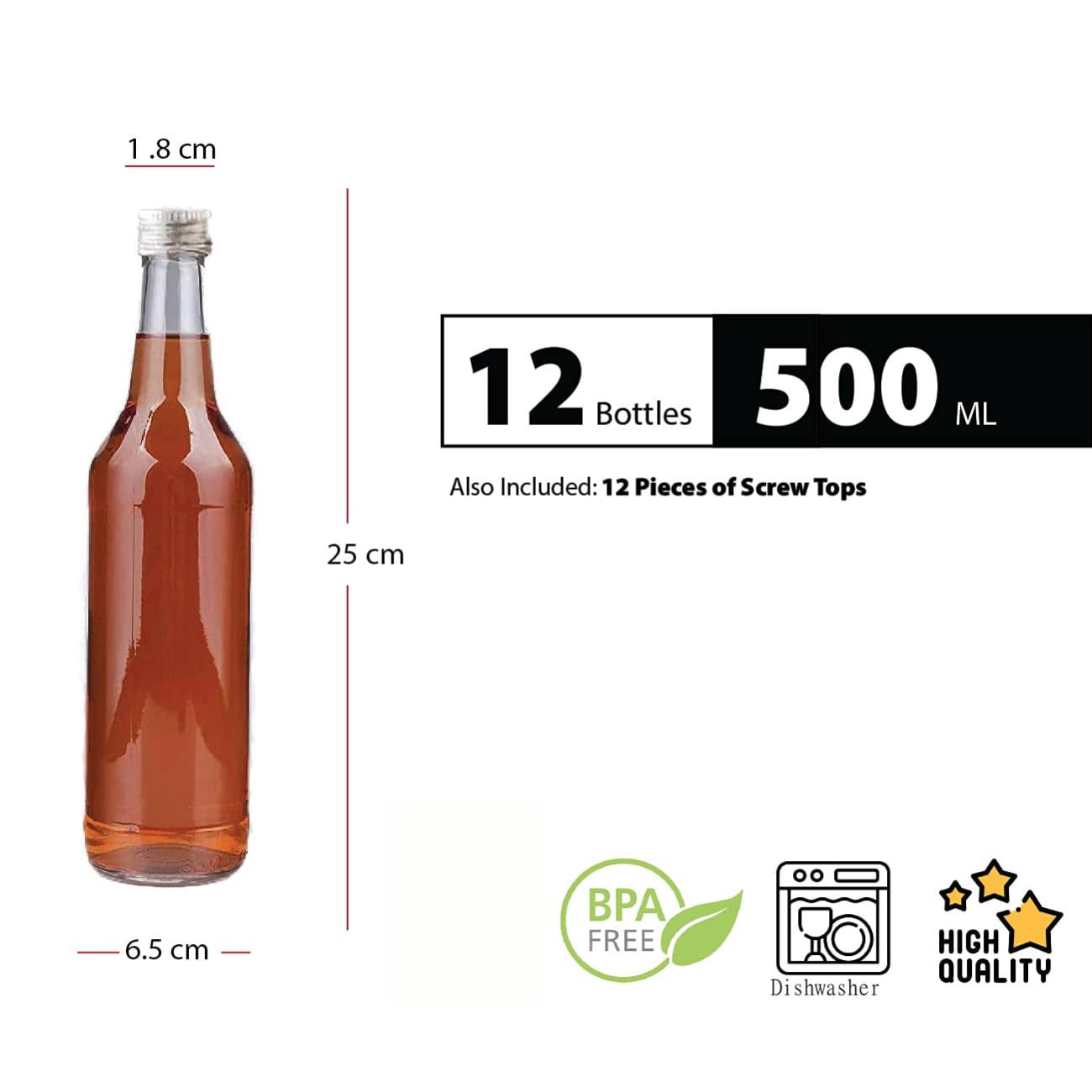 12 x 500 ML Bouteilles en Verre vides Couvercles à Visser - Couvercles en métal hermétiques Gin Huile Vinaigre Soda Vodka Eau (12 x 500 ML)
