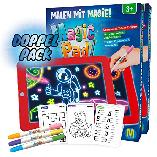 Mediashop Magic Pad | Tekenplank | Kleurstiften met 6 neonkleuren | sjablonen voor inkleuren, tekenen, schrijven en rekenen | schrijfplaat | Tekenbord | Het origineel van de TV Doppelpack