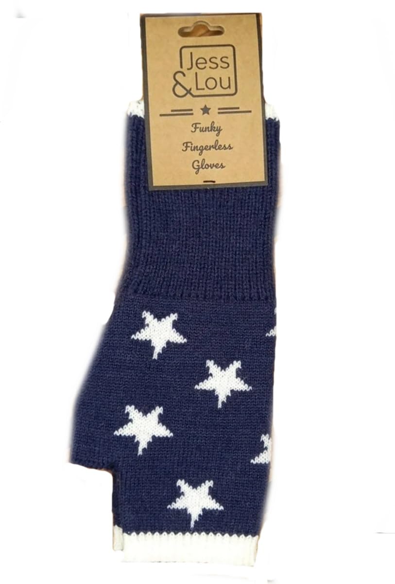 Women's Blue Jess And Lou White Star Fingerless Gloves Wrist Warmers