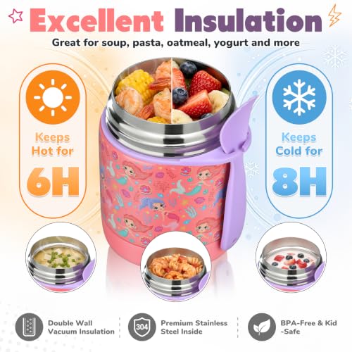 Image of 10oz Soup Thermo for Hot Food Kids,Lunch Thermo Kids Food Jar with Spoon Hot Insulated Food Containers,Leak Proof Stainless Steel Wide Mouth Lunch Thermo Jar for School(Pink-Mermaid)