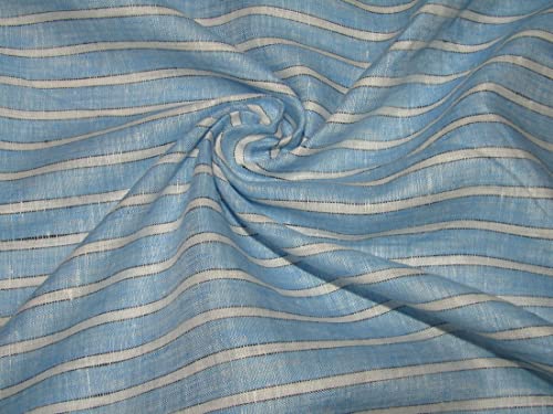 Tissu 100 % lin motif rayures ivoire et bleu 147 cm de large coupon au mètre