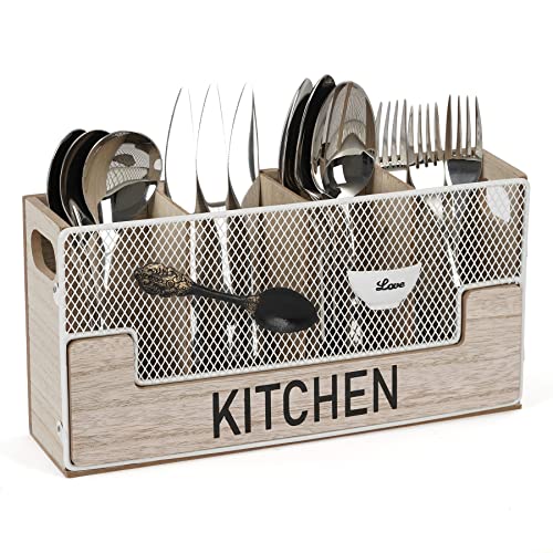 WPAJIRZO Organiseur de couverts en bois avec 4 compartiments, organiseur de couverts, boîte à ustensiles de cuisine, organisateur de couverts pour couteaux, fourchettes, cuillères, baguettes (maille) Cover