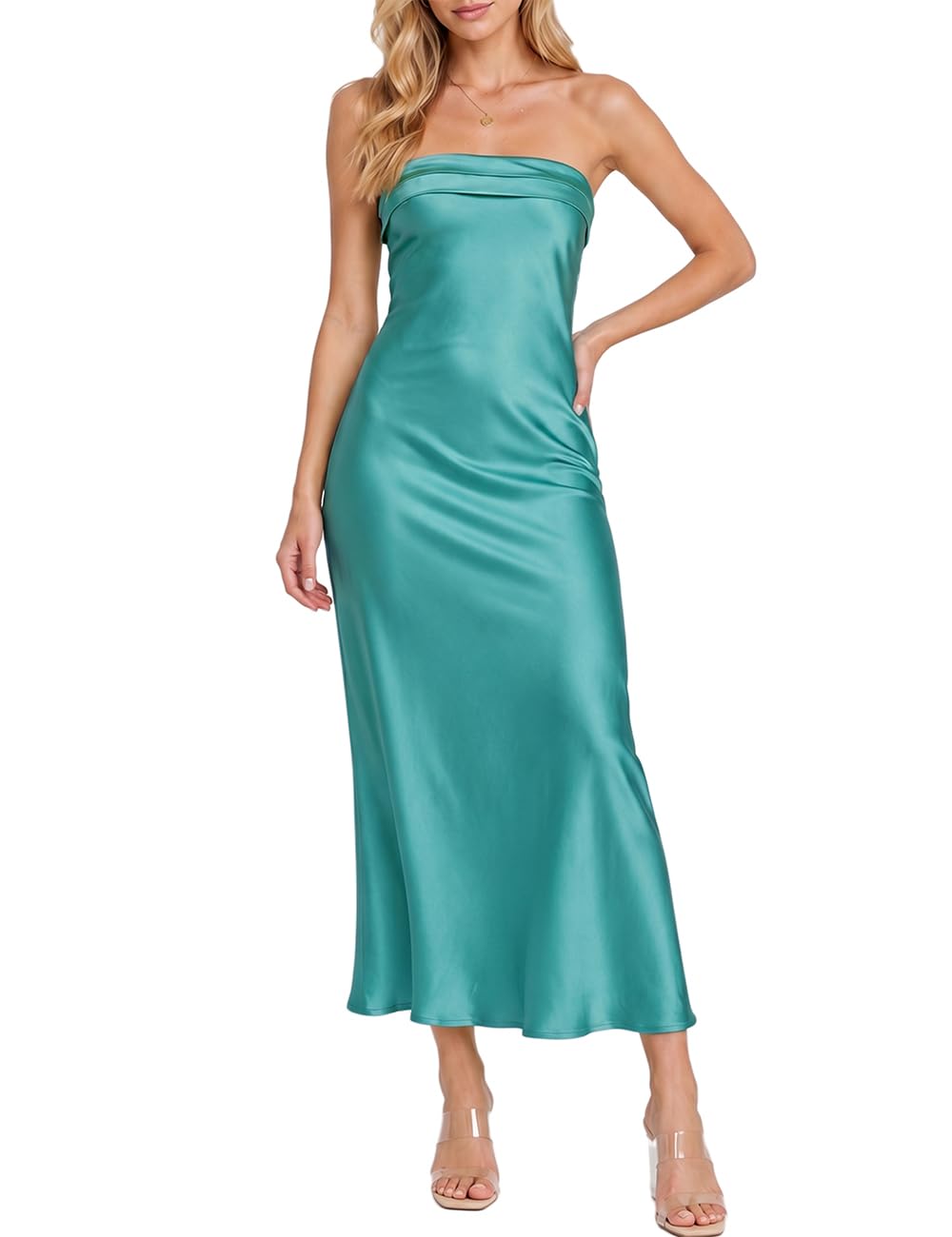 Realtix Satin Backless Strapless Tube Top Maxi Dress, Aqua, M