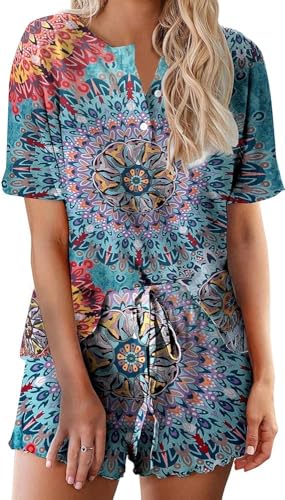 Image of Ekouaer Pajamas Set for Women Short Sleeve Lounge Set 2 Piece Loungewear PJs Soft Cute Lightweight Sleepwear