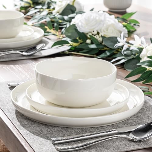 Image of LERATIO Ceramic Dinnerware Sets for 8,Handcraft Wavy Rim Stoneware Plates and Bowls Sets,Highly Chip and Crack Resistant | Dishwasher & Microwave & Oven Safe Dishes set,Service for 8(24pc)-Pearl White