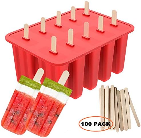 Mirenlife 10 Cavities Silicone Frozen Ice Pop Maker Food Grade Silicone Homemade Popsicle Mold with 100 Wooden Sticks