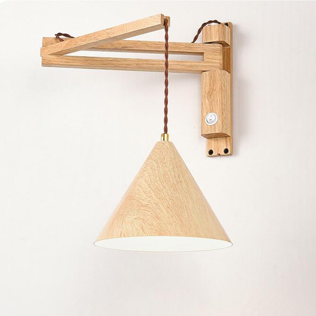 Wandleuchte Holz Vintage Verstellbar Schlafzimmer Nachttischlampe mit Schalter LED Dimmbar 3-Farben Wandlampe Modern Rund Eisen-schirm Korridor E27 Wandbeleuchtung für Wohnzimmer Flur Balkon Büro 20cm