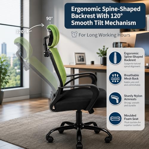 Image of HIGHLIVING Ergonomic Office Chair | Adjustable Headrest | 120 Tilt | Breathable Mesh Back | Moulded Foam Seat | Class 4 Gas Lift | Metal Base | High Back Computer Chair for Home & Office