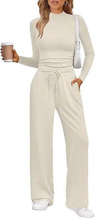 Trendy Queen Womens 2 Piece Matching Lounge Set Mock Turtleneck Top Wide Leg Pants Casual Sweatsuit with Pockets