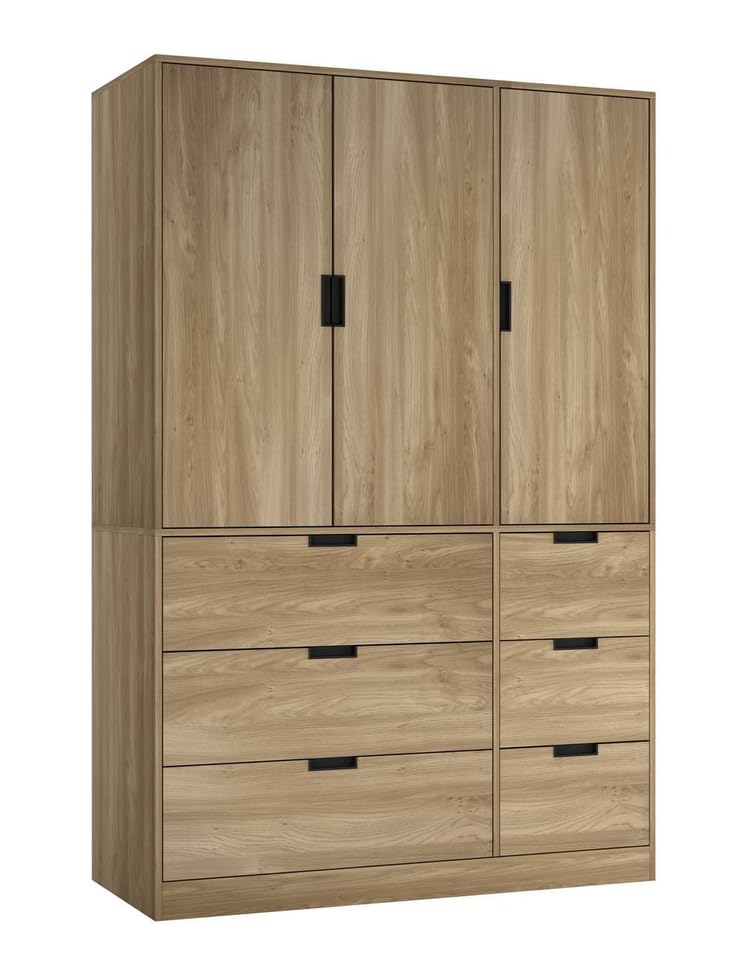 URBNLIVING 3-Door Wardrobe with 6 Drawers – Customisable Two-Tone Storage Unit - Oak Unit & Oak Doors & Drawers