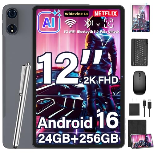 2026 12 Inch Tablet, Android 16 Tablet with Keyboard, 24GB+256GB+2TB Expand, 2K Gemini AI Tablets PC with 8-Core, 8000mAh, 5G WiFi, 16+8MP, GPS, 2 in 1 Large Tablets with Case, Mouse, Stylus (Red)