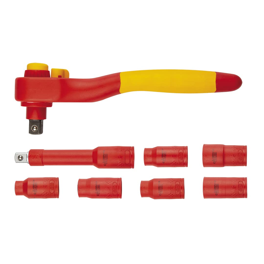 NEO TOOLS Zestaw Kluczy Nasadowych 1000V | Zestaw 8 Elementów,Stal CrV, Nasadki Sześciokątne 10-19 mm, Grzechotka, Przedłużka | Dla Elektryka, w Walizce