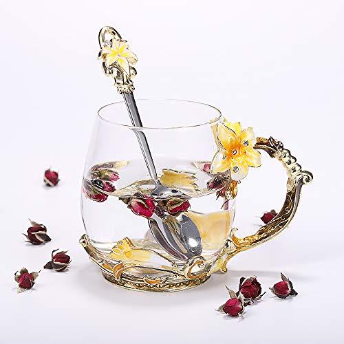 SEMAXE Handmade Glass Cup with Spoon Set and Cloisonne Handle,can be used as Teacup, Coffee Mug, Drinking Cup and Mother\'s Day, Christmas, Wedding Anniversary, Birthday Gifts (Lily) - Thumbnail 5