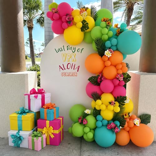 Image of Tropical Balloons, 12 Inch Hawaiian Balloons Teal Hot Pink Orange Yellow | Metallic Gold Balloons for Luau Aloha Hawaiian Beach Summer Birthday Pool Baby Shower Party Decorations