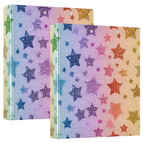 Image of Rainbow Star Glitter Pattern 3 Ring Binder with 2 Interior Pockets 1.5 inch Binders 3 Ring Heavy Duty Fit 8.5 inch x 11 inch Letter Size for Office School, 2 Pack