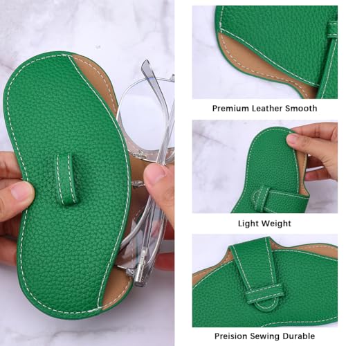 Image of CREATCABIN Slim Glasses Case Leather Sunglasses Case Bag Portable Travel Eyeglass Spectacle Holder Pouch Cover Lightweight with Soft Cleaning Cloth Gift for Women Men Beach Holiday 6.9x3.4 Inch Green