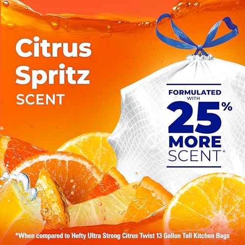 Image of Hefty Ultra Strong Signature Scents 13 Gallon Trash Bags, Citrus Spritz Scent, Tall Kitchen Trash Bags with 25% More Scent Technology, White, 80 Count