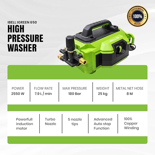 Image of IBELL iGreen650 Induction Motor High Pressure Washer, 2550 Watts Motor, 180 Bars, 7.9 L /Min Flow Rate, 8 Meters Outlet Hose, Portable, for Industrial Cleaning Purpose