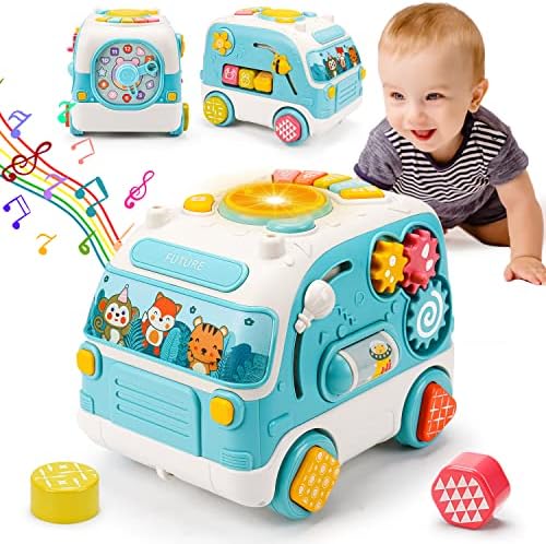 Baby Musical Bus Toys, Busy Crawling Learning Cube Baby Toys 6 9 12 18 Months Car Toys with Light & Music Toddler 1-3 Infants Toys Development Educational Sensory Boy Girl For 1 2 3 Year Old Toy Gift