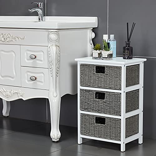 Wimarsbon Side End Table W/ 3 Drawers,Storage Nightstand,Sturdy White Wood Frame, Dresser Cabinet Chest Organizer Bins, Accent Table For Living Room, Bedroom,Hallway, Entryway (Drawer-Gray Paper Rope) #TOP3