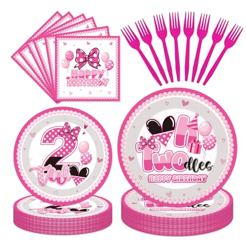 Raxfly 96 Pcs 2nd Birthday Party Tableware Set Pink Bow Mouse Theme Disposable Plates Napkins Forks Two Year Old Birthday Supplies Favors Serves 24