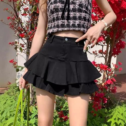 SHSEMO Women's Ruffle Multi-Layer Denim Skirt Casual A-Line Ruffle Y2K Mini Denim Skirt (US, Alpha, X-Large, Regular, Regular, Black)4