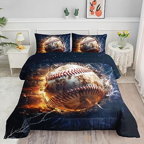 Datura home Kids Comforter Set Flame Baseball Printed Pattern Bedding Set with 1 Comforter and 2 Pillowcases for Girls Boys Bedroom All Season(Baseball2 Queen)