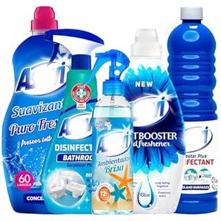 5 Piece Dark Blue Spanish Cleaning Products Bundle Gift Set, Air Freshener 400ml, Clothes Scent Booster 720ml, Bathroom Cleaner 750ml, Floor Disinfectant 1L, Fabric Conditioner 60 Wash
