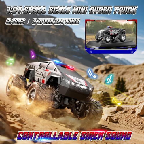 Image of Bestie toys Remote Control Small Car, 1:64 Scale Off-Road RC Car, USB Rechargeable 2.4GHZ Three Speed Indoor Alloy Vehicle for Kids (Stunt Cybertruck with App Control)
