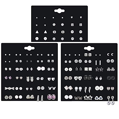 Jstyle 72 Pairs Assorted Multiple Stud Earrings For Women Simple Cute Ball Triangle Cz Earrings Set Silver-Tone #TOP1