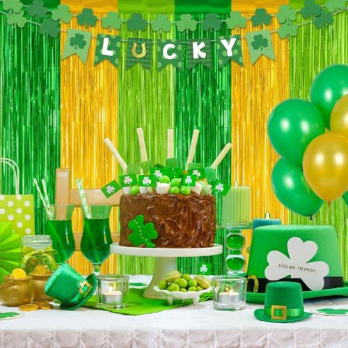 Image of Green Gold Light Gold Fringe Curtain Party Streamers 2Pack 3.3 x 8.3 Ft Foil Fringe Backdrop Curtains for Birthday Wedding Bridal Holiday Tinsel Streamers Green Party Decorations Door Streamer