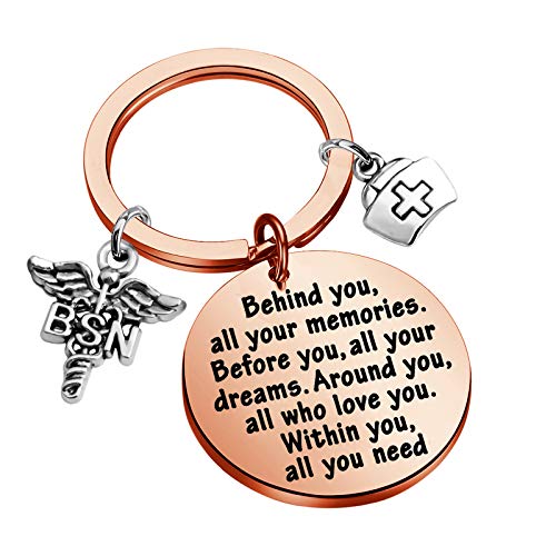 FEELMEM BSN Keychain BSN Bachelor of Science Nursing Gifts Behind You All Memories Before You All Your Dream BSN Graduation Gift for Women (BSN-Rose gold)