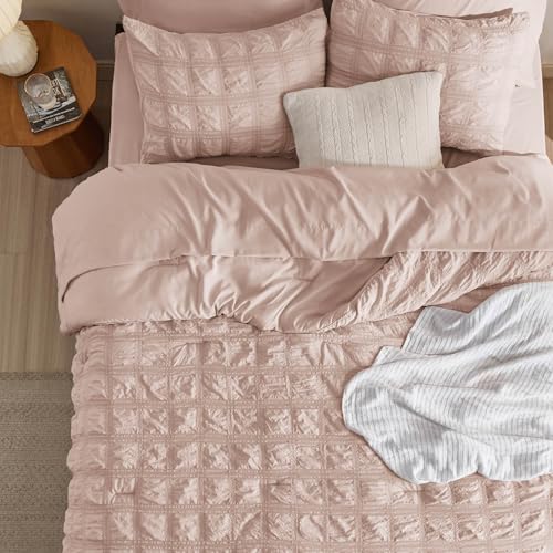 Bedsure Bed in a Bag Twin - 5 Pieces Plaid Seersucker Bedding Comforter Sets, Soft Lightweight Rose Dust Boho Bed Set with Comforters Twin Size, Sheets, Pillowcase & Sham