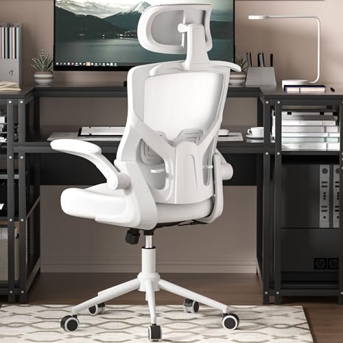 FOKESUN Ergonomischer Bürostuhl mit Verstellbarer Kopfstütze & Lendenstütze – Hochlehner Mesh-Schreibtischstuhl mit Schaumstoff-Sitz, Kleiderbügel & Verriegelungsfunktion (Weiß)