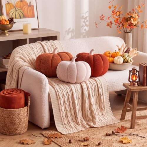 Image of Konohan 3 Pcs Pumpkin Pillows Fall Stuffed Pumpkin Plush Pillow for Autumn Halloween Thanksgiving Christmas Bedroom Sofa Couch Supplies