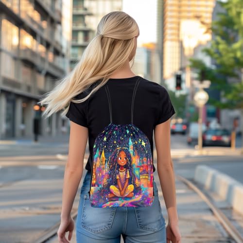 Image of jejeloiu Cute Black Drawstring Backpack 13x15.7inch Castle Star Print Waterproof Gym Drawstring Bags African American Sports String Backpack Beach Swim Travel Bag Sackpac